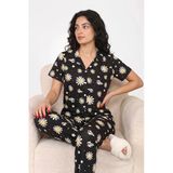Siyah Papatya Ve Kelebek Desenli Kısa Kollu Gömlek Yaka Milan Kumaş Kadın Pijama Takımı