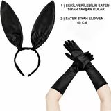 Siyah Parlak Tavşan Kulak 40 Cm Parlak Siyah Eldiven Kostüm Seti