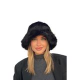 Siyah Peluş Bucket Şapka | Üstü Kısa Kenarı Uzun Kürk Tasarım | Premium Kışlık Aksesuar | Black Faux Fur Headwear