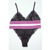 SİYAH PEMBE ÇİZGİLİ LASTİKLİ FULL DANTEL BRALET TAKIM DS20095BRT