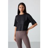 Siyah Polyester Nefes Alan Dokulu İnce Esnek Oversize Fit Performans Kadın T-Shirt - 97284