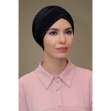 Siyah Pratik Hazır Geçmeli Tesettür Bone Fukuro Piliseli Tek Bantlı Çapraz Büzgülü 1821_01
