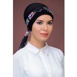 Siyah Pratik Hazır Geçmeli Tesettür Bone Sandy Kumaş Desenli Şifon Kemerli 1205D_01