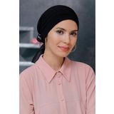 Siyah Pratik Hazır Geçmeli Tesettür Bone Sandy Kumaş Pileli Nervürlü Güllü 1806_01