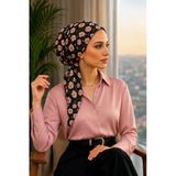 Siyah Pudra Çiçekli İnce Pamuklu Eşarp Bone
