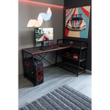 Siyah Raflı Çift Yöne Uygun Oyuncu Masası, Bilgisayar Masası, Gamer Masası, Gaming Masa, L Masa - Sks-l Siyah - Kırmızı