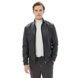 Siyah Regular Fit Dik Yaka Smart Casual Koyun Derisi Deri Mont