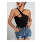 Siyah Renk Asimetrik Yaka Düz Desensiz İnce Çarpaz Askılı Likralı Fitilli Kaşkorse Crop Top Bluz