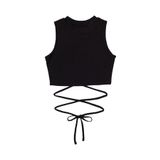 Siyah Renk Bisiklet Yaka Düz Desensiz Likralı İpli Fitilli Kaşkorse Crop Top Bluz