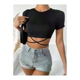 Siyah Renk Bisiklet Yaka Düz Desensiz Likralı İpli Fitilli Kaşkorse Crop Top Kısa Kollu Bluz