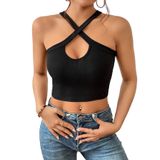 Siyah Renk Degaje Yaka Düz Desensiz Çarpaz Askılı Likralı Fitilli Kaşkorse Crop Top Bluz (Siyah, S)