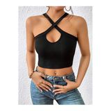 Siyah Renk Degaje Yaka Düz Desensiz Çarpaz Askılı Likralı Fitilli Kaşkorse Crop Top Bluz