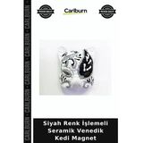 Siyah Renk İşlemeli Seramik Venedik Kedi Magnet Duvar Objesi Şirin Süs Hediyelik Eşya