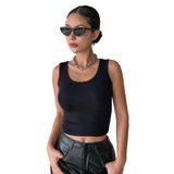 Siyah Renk Kalın Askılı Kare Yaka Düz Desensiz Fitilli Likralı Kaşkorse Crop Top Bluz (Siyah, M)