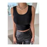 Siyah Renk Kalın Askılı Kare Yaka Düz Desensiz Fitilli Likralı Kaşkorse Crop Top Bluz
