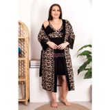 Siyah Renk Leopar Desenli Lady 19219 Askılı, Battal, Büyük Beden 2li Sabahlıklı Anne Gecelik Takım
