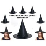 Siyah Renk Parlak Dralon Cadı Şapkası Yetişkin Çocuk 6 Adet