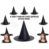 Siyah Renk Parlak Dralon Cadı Şapkası Yetişkin Çocuk Uyumlu 6 Adet