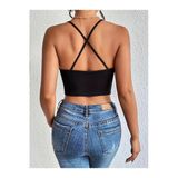 Siyah Renk U Yaka Düz Desensiz Likralı İnce Askılı Fitilli Kaşkorse Fit Crop Top Bluz