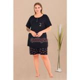 Siyah Renk ve Çiçek Desenli 10440 Şortlu Büyük Beden Anne Pijama Takımı - 4XL