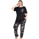 Siyah Renk ve Desenli 11011 Kısa Kollu Kadın Büyük Beden Anne Pijama Takımı - Siyah - Beyaz - 4XL