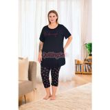 Siyah Renkli ve Çiçek Desenli 10732 Pamuklu Büyük Beden Tayt ve Kapri Anne Pijama Takımı - 3XL