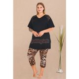 Siyah Renkli ve Leopar Desenli 10730 Pamuklu Büyük Beden Tayt ve Kapri Anne Pijama Takımı - 3XL