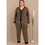 Siyah Renkli ve Leopar Desenli 11425 Kadın Uzun Kol Önden Düğmeli Büyük Beden Anne Pijama Takımı - 3XL