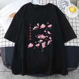Siyah Sakura Kiraz Çiçeği Komik Güzel Baskı Tee Gömle - XL
