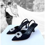 Siyah Saten Taşlı 6 cm Topuklu Ayakkabı 0480 - 0 - Siyah