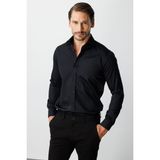 Siyah Slim Fit Dar Kalıp Klasik Yaka Düz Uzun Kollu Cepsiz %100 Pamuk Gömlek