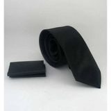 Siyah Slim Fit (ince) Düz Renk Mendilli Saten Kravat - SS-01 SS-01-GF