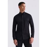 Siyah Slim Fit Kol Düğmeli %100 Pamuk Ata Yaka Gömlek - XS