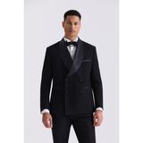 Siyah Slim Fit Sabit Şal Yaka Kruvaze Smokin Takım Elbise - 48