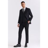 Siyah Slim Fit Sivri Yaka Yelekli Yünlü Takım Elbise