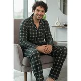 Siyah Somon Ekose Desenli önden Düğmeli Elegant Erkek pijama takımı - Somon - Siyah - XL