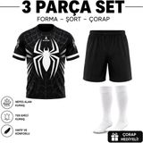 Siyah Spider Çocuk Forma Seti - Forma Şort Çorap 3'lü Halı Saha ve Spor Takımı - 9 - 10 Yaş - Siyah - Beyaz