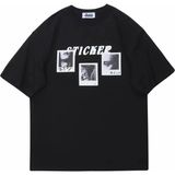 Siyah Sticker Baskılı Oversize Bisiklet Yaka Erkek Tişört - XL