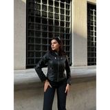 Siyah Suni Deri Fermuarlı Kadın Ceket - Süper Slim Fit