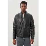 Siyah Suni Deri Hakim Yaka Düz Yırtmaçsız Tam Astar Slim Fit Casual Deri Mont 1038245151