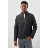 Siyah Suni Deri Hakim Yaka Düz Yırtmaçsız Tam Astar Slim Fit Casual Deri Mont 1038245152