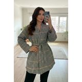 Siyah Taba Kaşe Kazayağı Desen Kuşaklı Kimono Ceket / Kışlık Ürün
