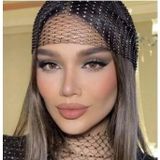 Siyah Taşlı File Bandana Saç Aksesuarı Bone Ve Bağcıklı Kumaş Çiçek Choker Kolye Gül Kolye