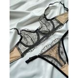 Siyah Ten-Bej Rengi Dantelli Brode Iç Çamaşır Takımı Bralette (Balenli Sütyen &tanga)Fantezii Giyim, Seksii - Siyah - Açık Bej - 85B