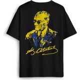 Siyah Tişört Atatürk Sarı Lacivert Sırt Ön Baskılı Oversize Tişört Unisex T-Shirt - 2XL