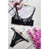 Siyah Tül İşlemeli Bralet ve String Külot Takımı