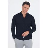 Siyah Uzun Kol Düz Örme Polo Yaka Cepsiz Esnek Classic Slim Fit Gömlek 1004250153_001