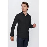 Siyah Uzun Kollu Bez Ayağı Sert Yaka Cepsiz Pamuklu Basic Slim Fit Dar Kesim Gömlek 1004240057