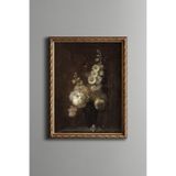 Siyah Vazoda Beyaz Çiçekler - Vintage Desenli Çerçeve - İnce Model, Altın2, 15 x 21