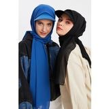 Siyah Ve Gece Mavisi Kadin Tesettur Multi Sifon Ipeksi Sal Ve Pamuklu Penye Yarim Vizor Sapka İkilisi Siyah Ve Mavi Takim